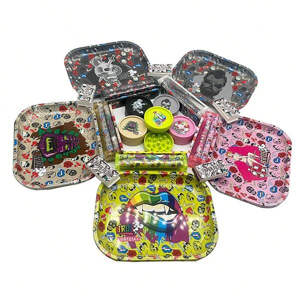 Juego de regalo de bandeja metálica negra premium con diseño de calavera - Incluye cenicero metálico, pinzas y cepillo de limpieza - Perfecto para uso en el hogar y en fiestas