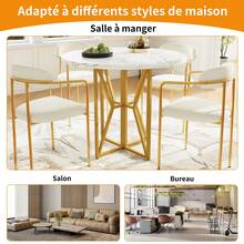 Mesa de jantar redonda (80 x 80 x 76 cm), mesa redonda leve e luxuosa para 4 a 6 pessoas, adequada para salas de jantar e salas de estar, pernas douradas, tampo de MDF marmorizado - Branco - Ver 8