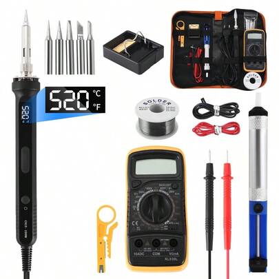 Kit de soldadura profesional con temperatura ajustable - Incluye alambre de soldadura, puntas, bomba, soporte y multímetro