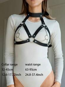 1件装 女士束缚内衣 铁链 情侣玩具 性感腰带 黑色 时尚胸部半身仿PU皮革束缚带 - 黑色 - 查看 6