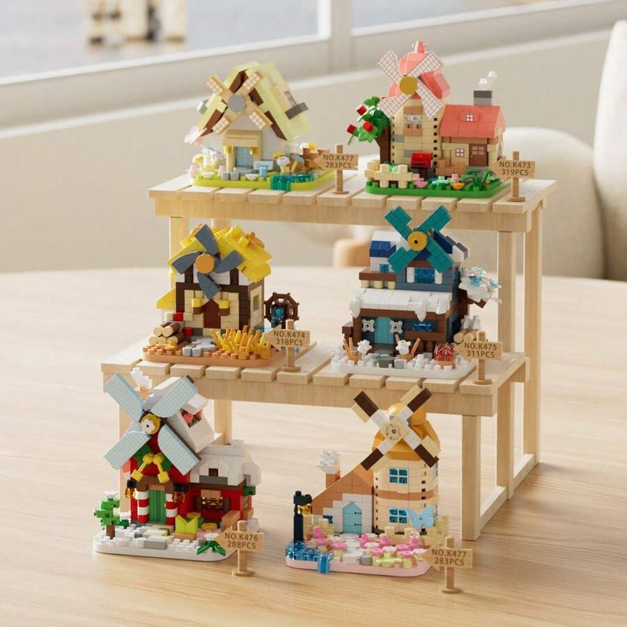 Juguete modelo de bloques de construcción de partículas micro en forma de casa de molino de viento, decoración de escritorio de dibujos animados lindos DIY, regalo de decoración del hogar - Multicolor - Ver 1