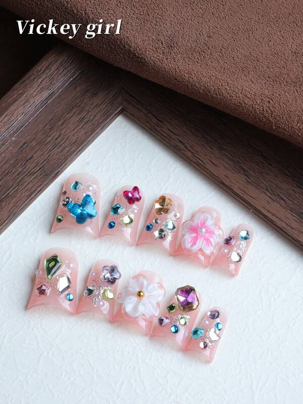 أظافر وهمية أنيقة، 10 قطع أظافر وردية، نوع أظافر البط متعددة الألوان والألماس، مصنوعة يدويًا، أظافر قصيرة جميلة