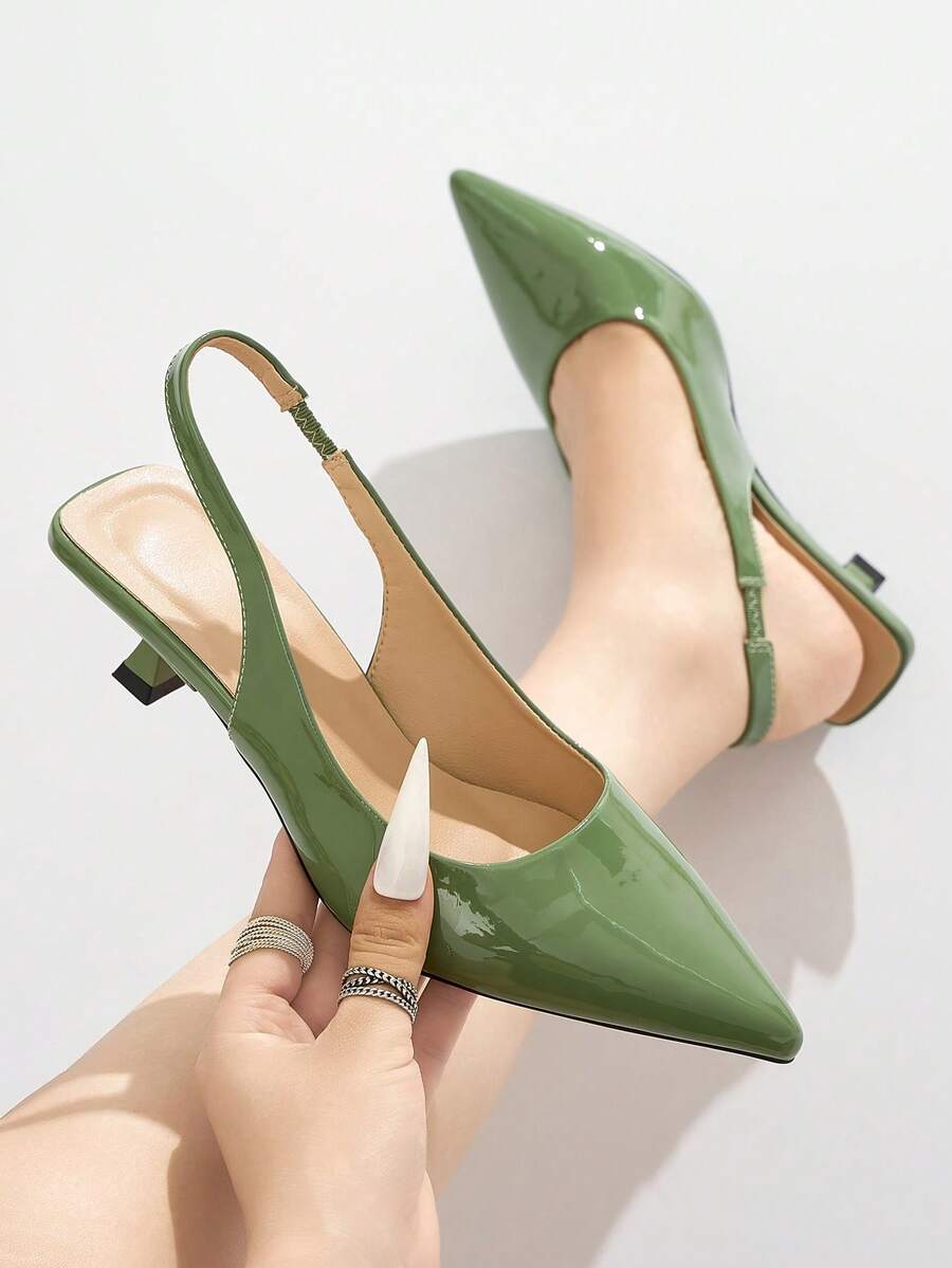 Women's Solid Color Pointed Toe Backstrap Kitten Heel Slingback Mules, Minimalist & Comfortable, Suitable For Everyday, Commute, Formal Occasions, Low Heel, PU Green Work Shoes, Autumn/Winter