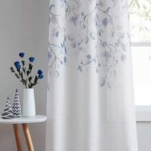 Floral Print Metallic Sheer Window Curtain Panel Rustic Living Room/Bedroom Decor 6 Grommets Top Drape Panels, Coral Red,40 X 84, 2 PK, Sparkling Farmhouse Style - Navy Blue - 查看 12