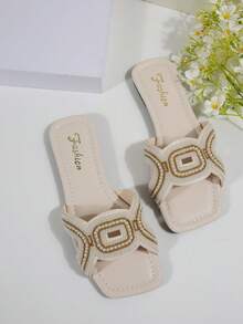 Sandale elegante de lux cu strasuri și perle, fără slip-on, ușoare, pentru femei, sandale la modă cu sclipici, pentru vacanța de vară și ținutele de interior - Bej - Vizualizare 7