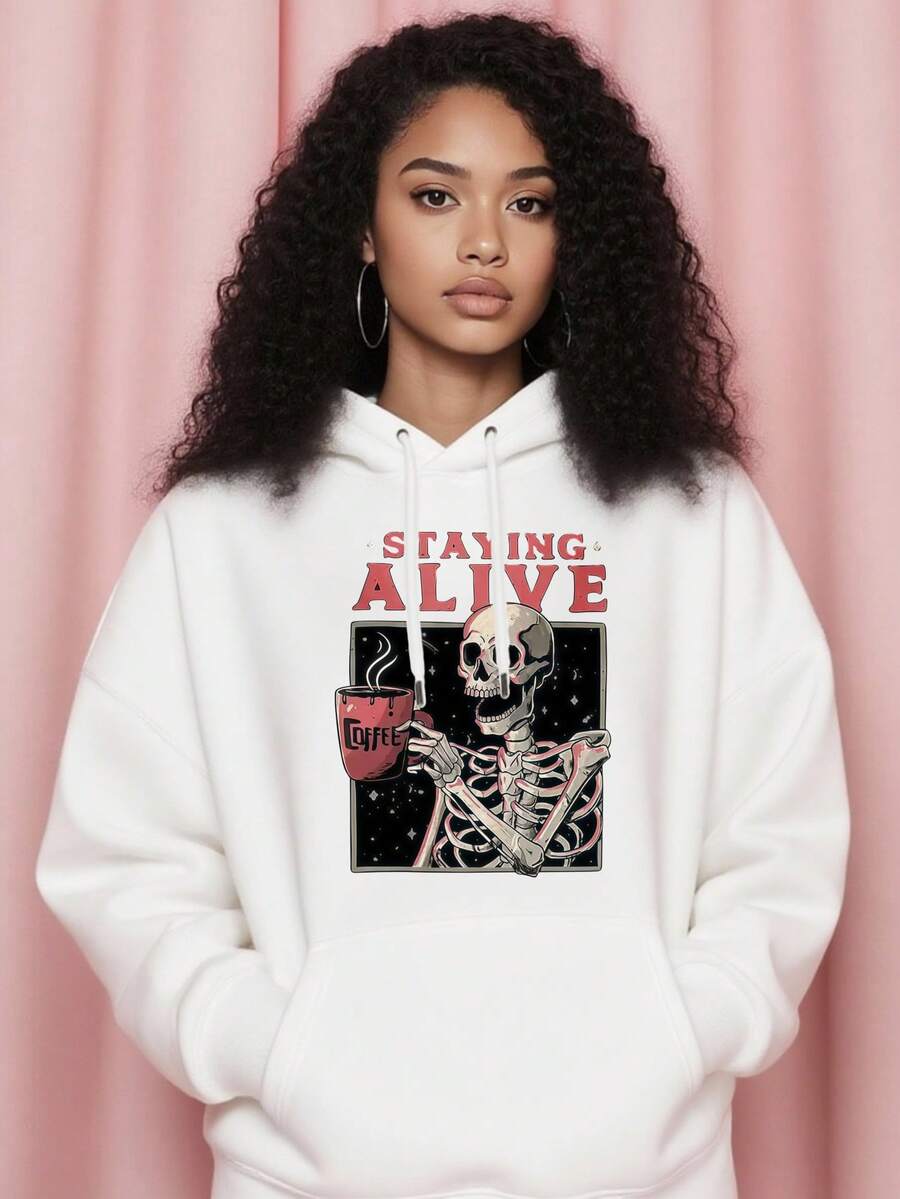 Womens Fashion Oversized Hoodies Sweatshirts Black White Options, Fall Casual Pullover Sweaters Winter Clothes, Skeleton Holding Coffee Cup Funny Graphic Letter Print Plus Size Hoodie Unisex Hoodies Long Sleeve Pocket Pullover, Holiday Gift For Women - 白色 - 查看 1