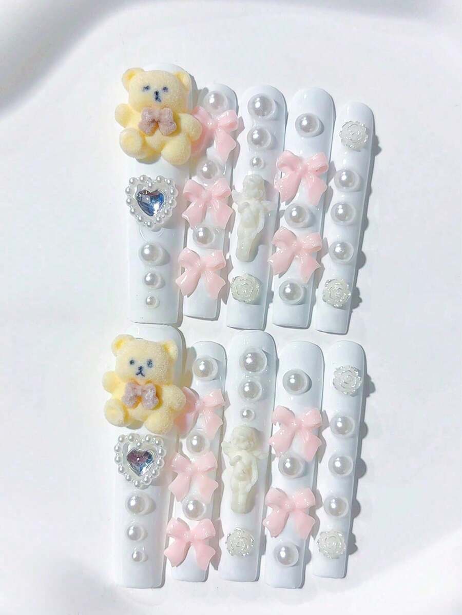 10pcs Y2K Cute Extra Long Coffin Shape White Handmade Nails, With Bear, Pink Bow, White Pearls, White Rose, Little Angel Decoration; Homemade Nails DIY Press On Nails Nail Art Acrylic False Nails; Suitable For Holiday, Parties, Daily Wear; Includes 1Sheet Jelly Glue & 1pc Mini File - White - View 1