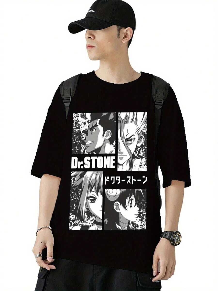 Dr. Stone Men's Oversized Graphic T-Shirt - Casual Street Style, Short Sleeve, Crew Neck, Black With White Print, Loose Fit, All Season Clothing, Casual Outfit | Crew Neck T-Shirt | Printed Design - 黑色 - 查看 1