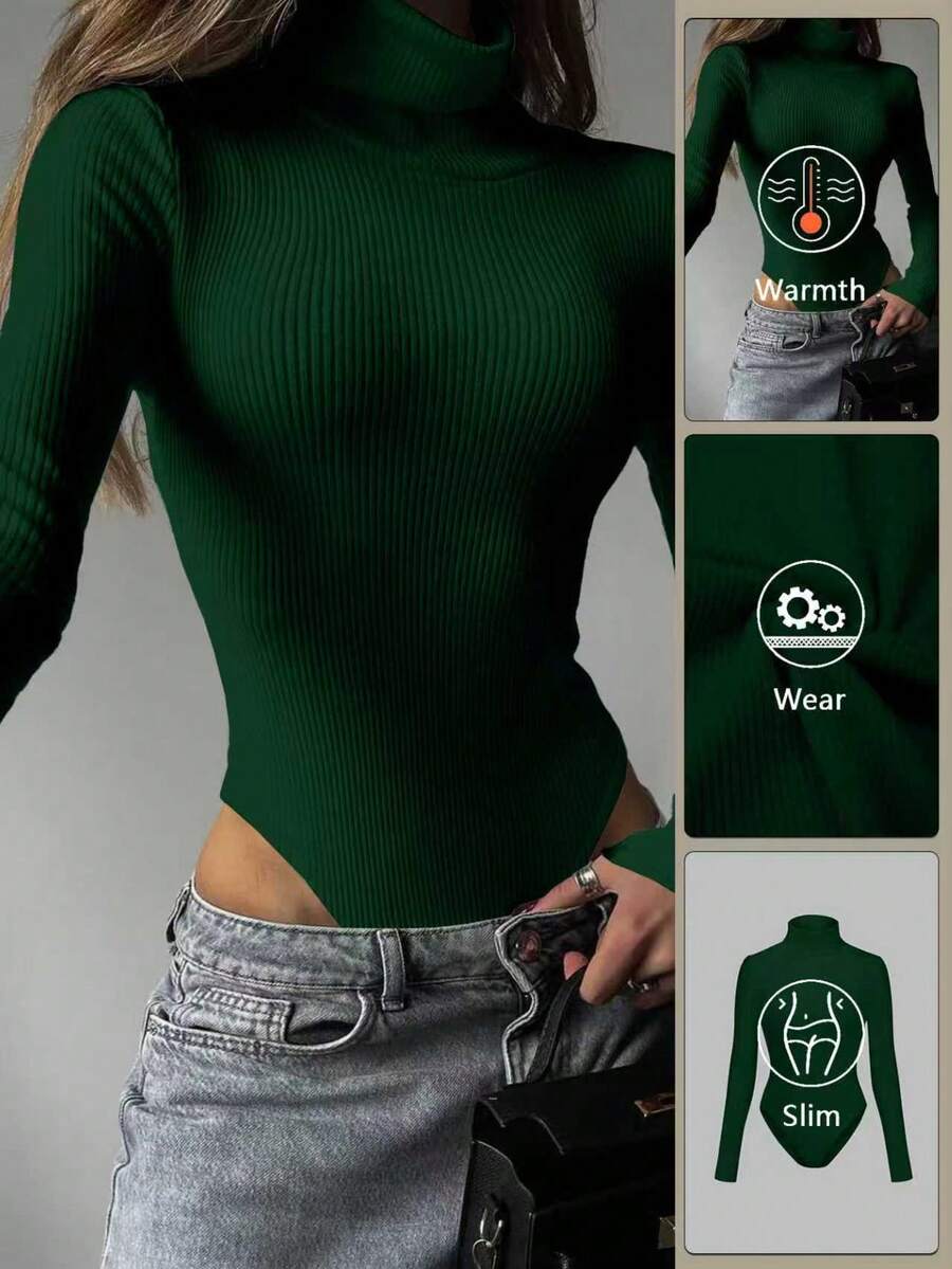 VIVINA 女士休闲高领长袖毛绒针织连体衣，保暖又显身材，适合圣诞节、郊游、约会、感恩节派对、秋季等各种场合。 - 綠色 - 查看 1