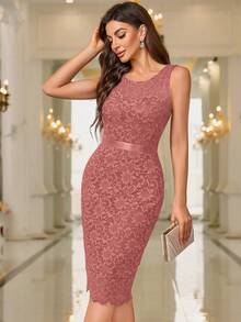 MIUSOL Solid Floral Lace Bodice Cocktail Party Fitted Dress Wedding Spring - Dusty Pink - View 6