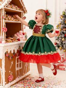 小女孩圣诞派对泡泡袖圣诞公主裙，适合派对穿着 - 墨綠色 - 查看 2