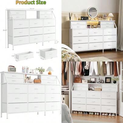COTUBLR Dresser For Bedroom With 13 Drawers 55 Wide Chest Of Drawers Fabric Dresser With 2 Wooden Shelves Storage Organizer Unit With Fabric Bins For Bedroom Living Room Hallway White