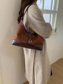 1个秋冬季麂皮手提包，大容量休闲单肩包，仿麂皮肩带手提包，新月形多功能通勤包 - 咖啡棕 - 查看 6