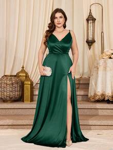 Abito formale vintage anni '50 con scollo a V e spacco sulla coscia, taglie comode - Verde Scuro - Visualizzare 1
