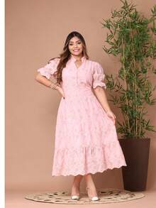 Women's Midi Dress With Embroidered Laise, All-Over Print, Embroidery, Button, Ruffle, Gathered, Formal And Evening - Bicolor Bb Pink - View 4