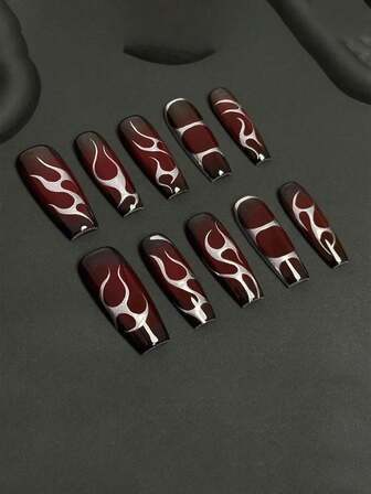 10 Long Almond Shaped Press On Nails, Flame Christmas And Halloween Spicy Girl Wearing Armor, Gradient Flame Decoration, Fully Adhesive Detachable Fake Nail Set, Suitable For Office Workers, Students, Party Girls, And Nail Supplies Of All Seasons, Equipped With 1 Jelly Glue And 1 Nail File.