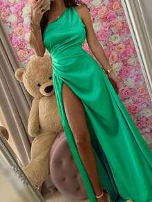 Onicee Summer Dress Green Valentine's Day Outfit Fashionable One-Shoulder Ruched Elastic Slit Party Dress, Elegant Dress Suitable For Valentine's Day, Dates, Gatherings, Parties, Travel, Vacation, Beach And Other Occasions - Green - View 4