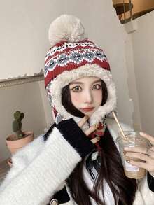 1顶女士撞色毛绒保暖针织帽，秋冬季款，适合圣诞节及冬季户外活动