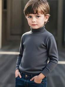 3pcs Boys' Solid Color Thermal Fleece Turtleneck Long Sleeve Base Layer T-Shirts, Autumn/Winter