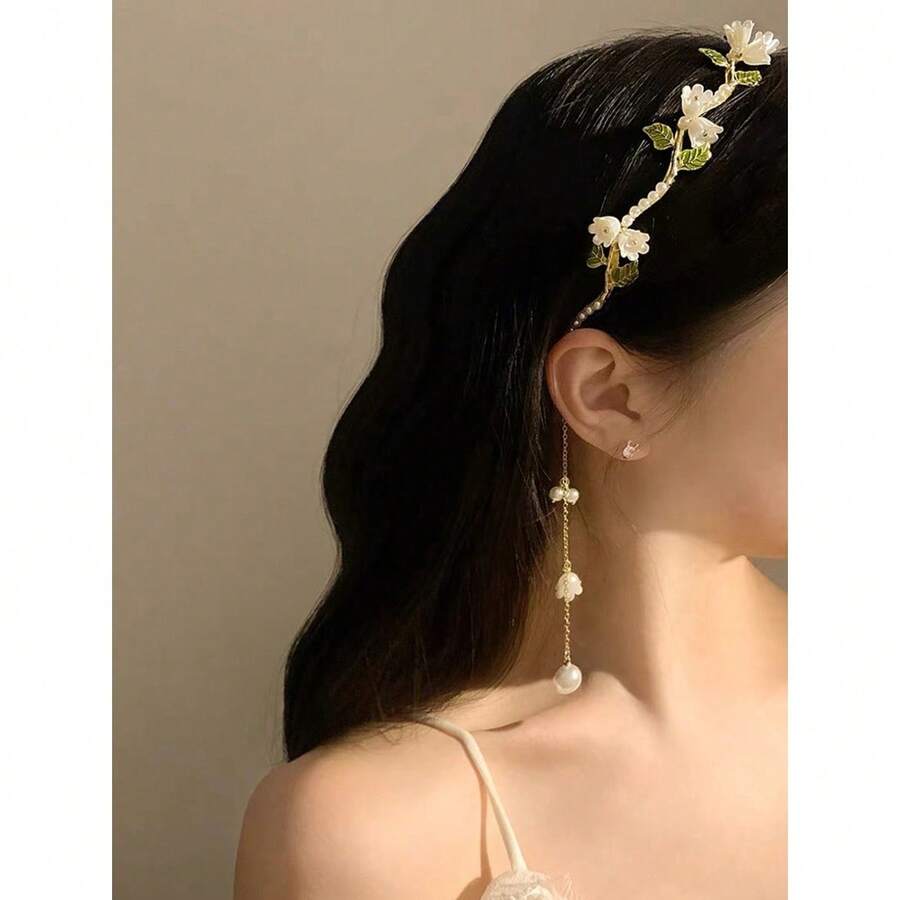 Elegant 1pc Simple Alloy Headband With Faux Pearl & Flower & Rhinestone Decor For Women,Gold Head Piece Valentine's Day Valentines,Hairband,Hair Hoop,Hairband,Hair Hoop Headbands - 金色 - 查看 1