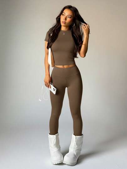 2Pcs Set Women Casual Solid Color High Elastic Short Sleeve T-Shirt And High Waist Legging Sports Suit Gym Set Workout Women Set Women Leggings Set