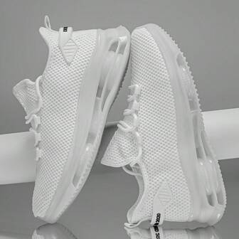 زوج من أحذية الجري الكاجوال للرجال ذات التهوية المنسوجة - أحذية جري بنعل هوائي، مانعة للانزلاق بنعل خارجي من البي في سي، بأعلى من قماش، بطانة وبطانة داخلية، نعل اصطناعي، لون أحادي، مناسبة لجميع الفصول