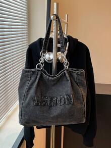 Túi Tote Denim Màu Trơn Mới, Có Trang Trí Chữ Cái Và Quai Đeo Bằng Kim Loại, Dung Tích Lưu Trữ Lớn, Khóa Kéo, Túi Đeo Vai Nữ Cổ Điển, Thích Hợp Cho Những Buổi Đi Chơi Hàng Ngày, Đi Làm Và Thu Hút Những Người Trẻ Theo Đuổi Cá Tính. - màu đen - Xem 5