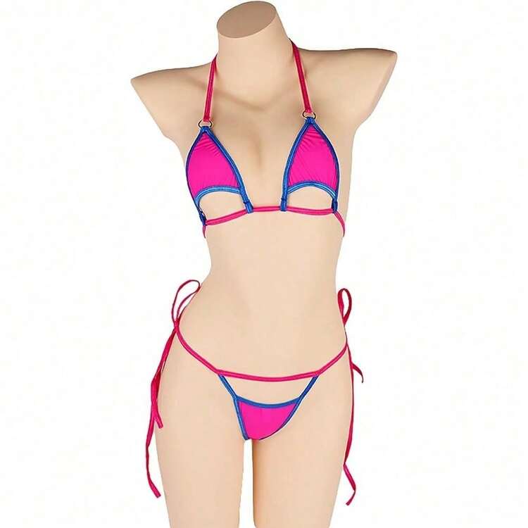 Women  Bikini Set Two Piece Swimwear Bathing Suit Swimsuit Triangle Halter Top Sexy Tie Side - Rose - View 4