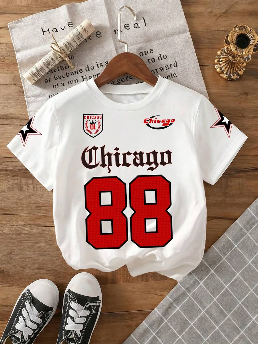 Young Boy Letter Print Round Neck Casual Loose T-Shirt - White - View 1