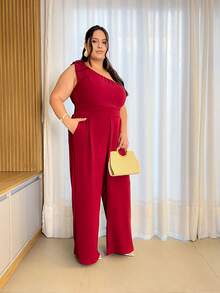 Women's Plus Size Curve Jumpsuit, Long, One-Shoulder, With Bow In Duna Print, Elegant For Parties - 紅木色 - 查看 4