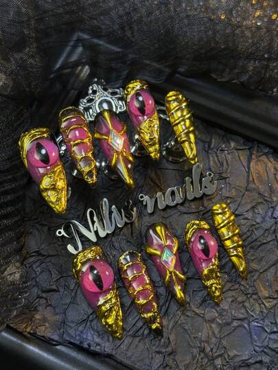 10pcs Stiletto Nail Set, Handmade Nail ArtStickers,3D Three-Dimensional Nail Rhinestone Steel Ball Accessories, Colorful Shiny Nail Gems, Purple Red&Gold Chrome, Handmade Geometric Patterns Y2k Style Handmade Cat Eye Beads Wearable NailArt Set Suitable For Women To WearDaily Parties (With: A Piece Of JellyGlue And A Friction Strip) Nail SuppliesNails