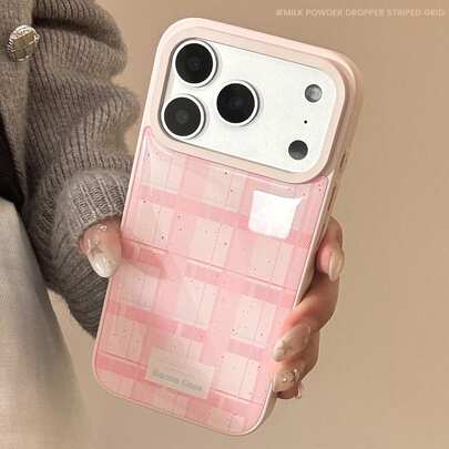 1 pieza Funda de teléfono con patrón de cuadros a la diagonal en polvo de escarcha, con gotas de tinta rosa-azul, compatible con iPhone 17 Pro Max/15, 16, 13, estilo coreano lindo, personalizado, minimalista, estilo "soft girl", estilo Ins