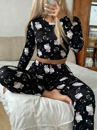 Sanrio 2pcs Women Crew Neck Short Printed Long Sleeve Top + Elastic Waist Pants Cute Lounge Set, Fall & Winter Clothes