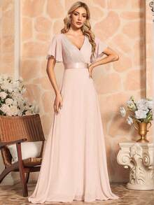 EVERPRETTY Elegant V-Neck Ruffle Butterfly Sleeve Champagne Bridesmaid Dress, Wedding Guest Dress, Spring/Summer Formal Dress For Wedding, Birthday Party, Graduation - Champagne - View 5