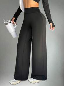 PinkTip 1pc Women's Solid Color Minimalist Sports Pants, Drawstring Waist Wide Leg Pants For Outdoor Hiking, Yoga, Fitness, Running - Black - View 10