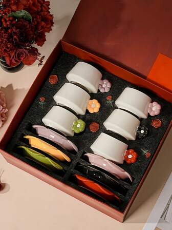 1 Set Floral Shaped 3D Flower Handle Ceramic Cup & Saucer, French Floral Latte Cup & Saucer, Vintage Inspired Dessert Cup & Saucer, Suitable For Restaurant, Living Room, Cafe, Gift