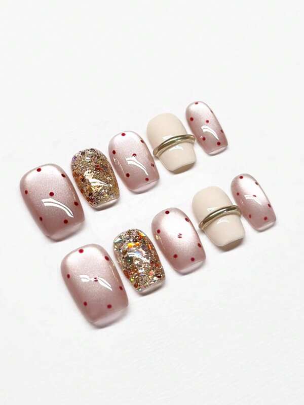 10 pièces/set Ensemble de protection des mains tout compris avec pois rouges rectangulaires et paillettes dorées, réutilisable pour le jour et la nuit, 4 tailles au choix, convient aux filles/actrices, représentations sur scène, festivals, fêtes, mariages, port quotidien, cadeau préféré, extrêmement mignon