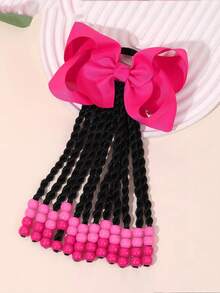 Ponytail With Beads Braids Hair Extension Detachable Synthetic Curly Hairpieces With Bows Protective For Girls Toddler 1pc Kids - Natural Black - View 9