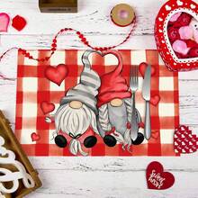 1/4/6件装情人节主题红白格子图案装饰餐垫，饰有多颗红色爱心图案，100%亚麻印花餐垫/咖啡杯垫，可手洗 - 适用于餐桌、餐厅、生日派对装饰、家居装饰 - 彩色 - 查看 1