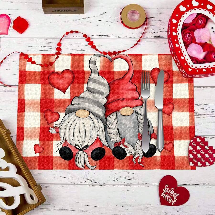 1/4/6件装情人节主题红白格子图案装饰餐垫，饰有多颗红色爱心图案，100%亚麻印花餐垫/咖啡杯垫，可手洗 - 适用于餐桌、餐厅、生日派对装饰、家居装饰 - 彩色 - 查看 1