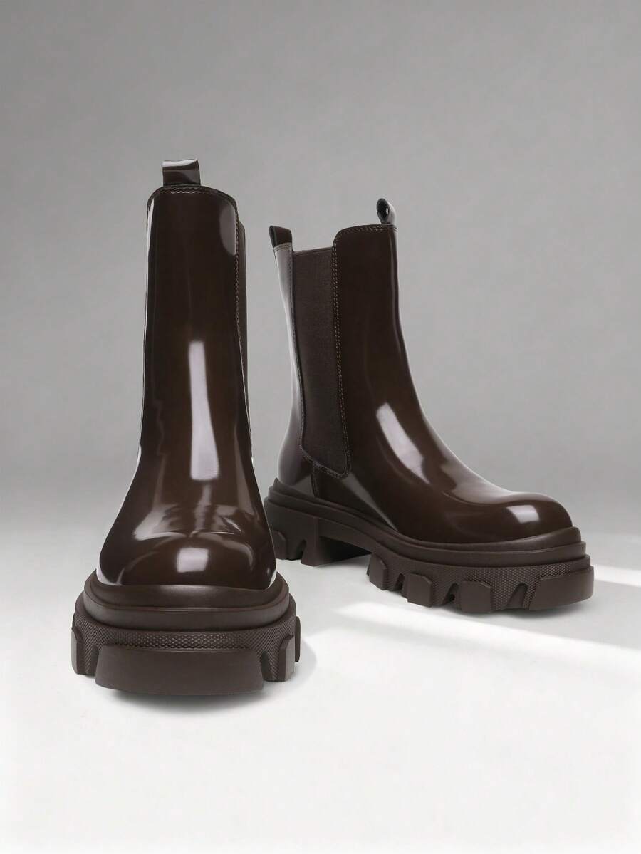 Women's Platform Chelsea Boots Lug Sole Combat Mid Calf Slip On Chunky Ankle Booties - 巧克力棕 - 查看 1