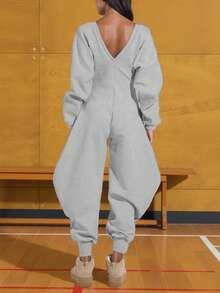 Women's 2025 Fall Long Sleeve Jumpsuit Fashion Casual Loose Fit Outdoor And Lounge Romper One Piece Outfits - Màu Xám nhạt - Xem 2