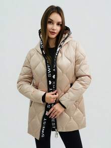 女士纯色休闲拉链口袋抽绳棉质外套，适合办公室、度假、晚宴约会、秋冬季穿着。 - 金粉紅色 - 查看 3