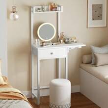 Small Vanity Desk Without Mirror Makeup Vanity Table For Small Space Compact White Dressing Table With Fold-Up Panel And Fabric Drawer For Bedroom Easy Assembly White - 白色 - 查看 2