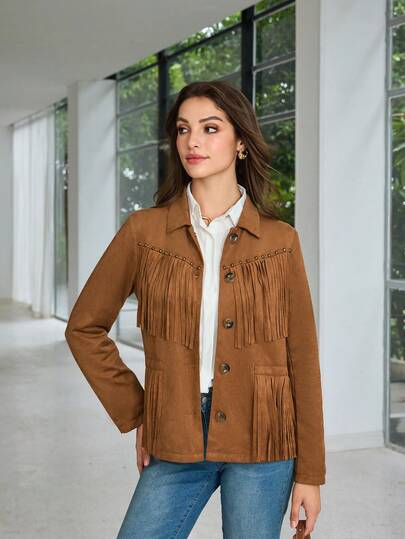 Chaqueta de oficina de unicolor con flecos para mujer