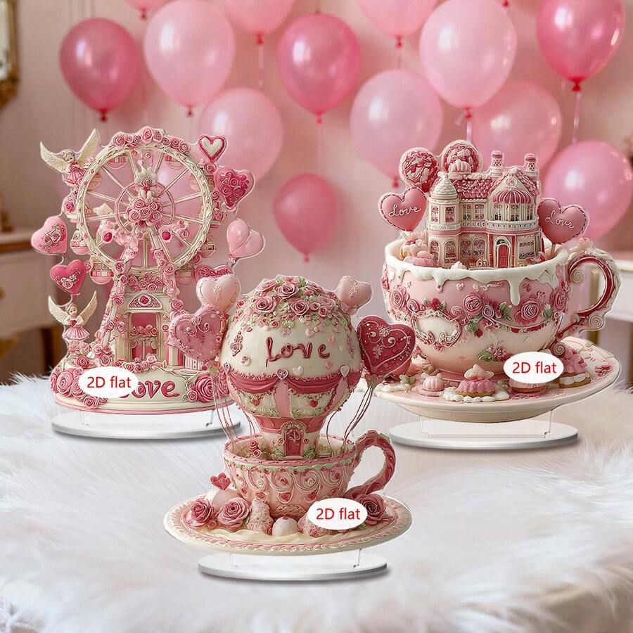 1/3/20 Stücke rosa Riesenrad Heißluftballon 2D flache Acryl Kristall Tischdekoration mit Liebe, Heim Mädchen Zimmer Dekoration Café, Restaurant, Büro Schreibtisch Dekoration, romantisches Jahrestags- oder Valentinstags-Geschenk, Badezimmer Dekoration und Accessoires