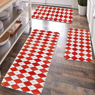 1pc Soft Plush Bathroom Mat, Non-Slip Rug, Kitchen Decor Carpet, Entrance Doormat, Comfortable Cushion, Fatigue Relief, Red Rhombus Pattern, Home Decoration Kitchen Rug
