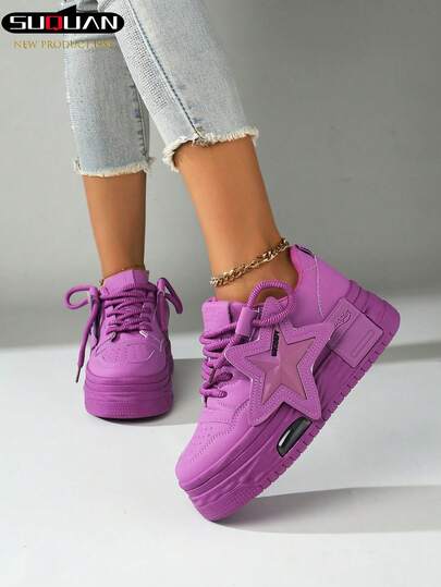 1 Pair Women's Star Pattern Casual Sneakers, Fashion Flat Skate Shoes, Lace-Up Comfortable Athletic Shoes For Students, Versatile For Spring/Autumn, Suitable For Gym, Outdoor, Running