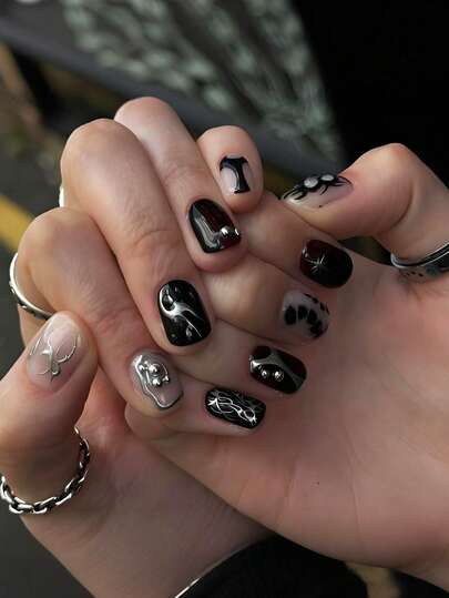 24片短方形按压式美甲贴片，黑银渐变珠饰哥特朋克风格，高光泽全覆盖，适合男士和男孩日常佩戴的美甲用品