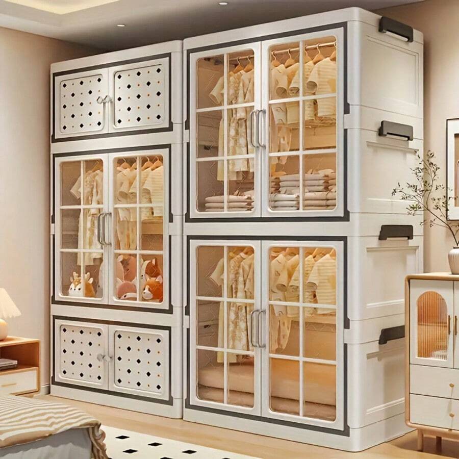 Plastic Storage Box Gift Basket With Lid, Large Folding Storage Cabinet, Foldable Stackable Container With Wheels, Foldable Organization System For Bedroom, Bathroom, Home, Office, Christmas Room Decoration - 印花 - 查看 1